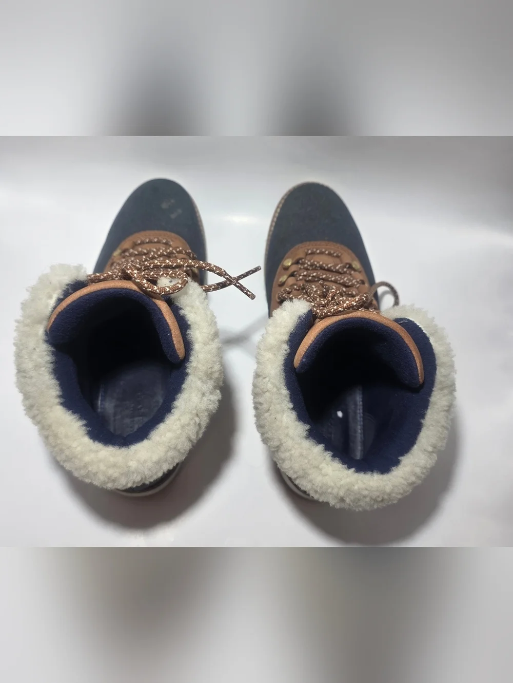 Cole Haan Waterproof Winter Boots Faux Fur Lace Up Brown Blue Women 7.5